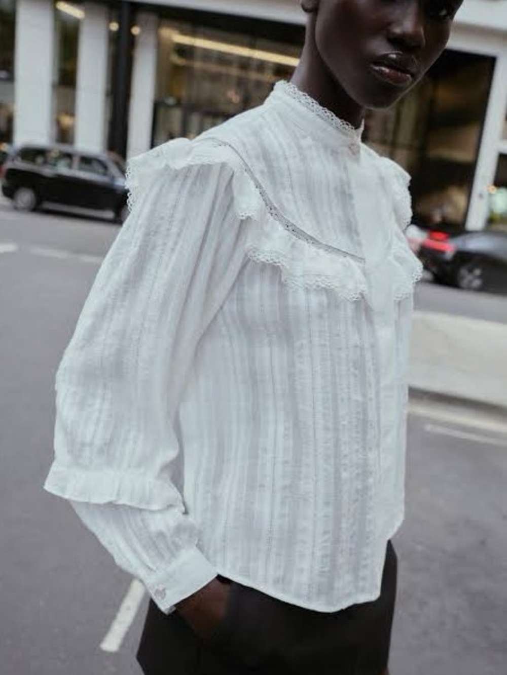 ZARA Women's White Lace-Trim Ruffle Prairie Peasant Blouse NWT